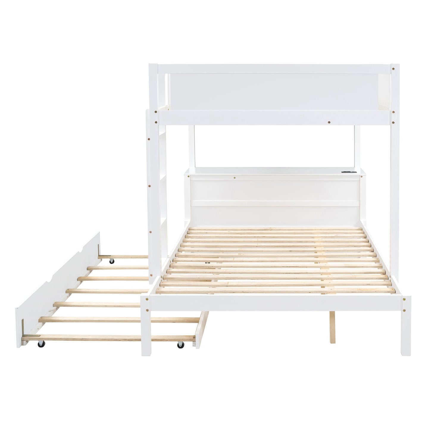 Multi-Functional Full Over Full Wood Bunk Bed with Twin Trundle, Storage, Desk, White | Just Better Bunk Beds
