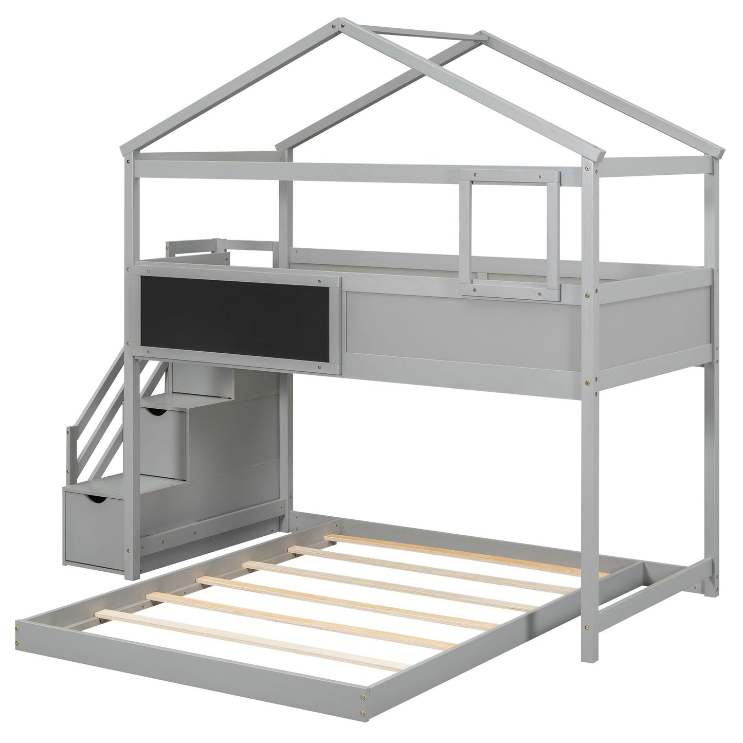 Staircase Storage Twin Over Full Wood House Bunk Bed with Blackboard, Gray and White | Just Better Bunk Beds