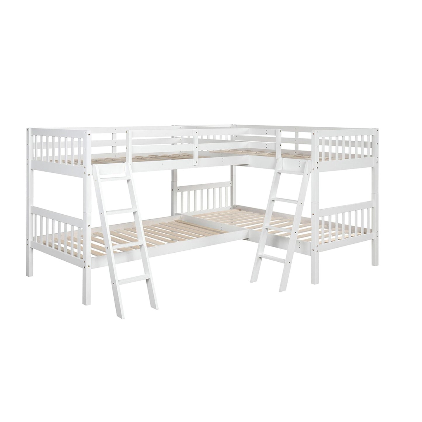 Space-Saving L-Shaped Twin Wood Bunk Bed with Ladder and Safety Guardrail, Gray | Just Better Bunk Beds