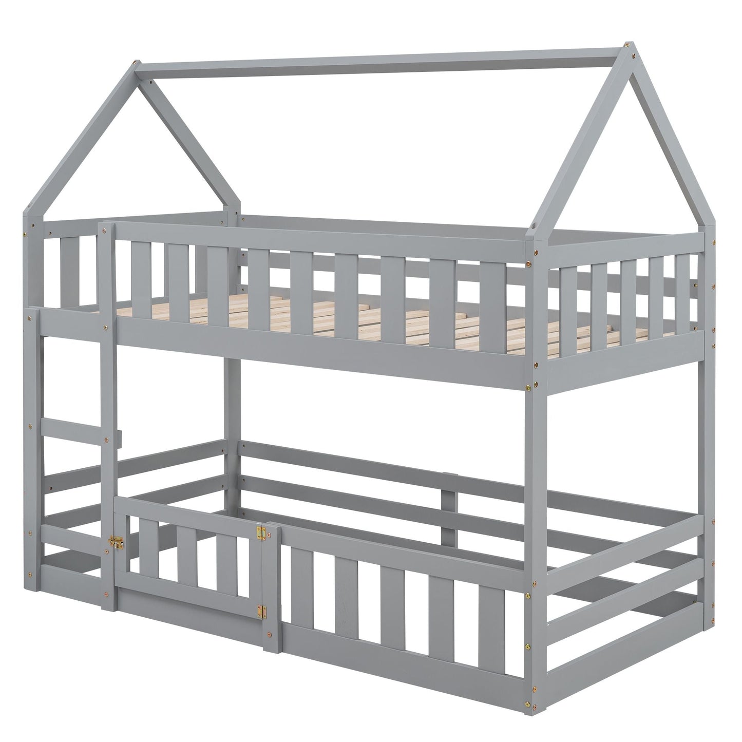 Kids Bedroom Twin Over Twin Wood House Bunk Bed with Fence and Door, Gray | Just Better Bunk Beds