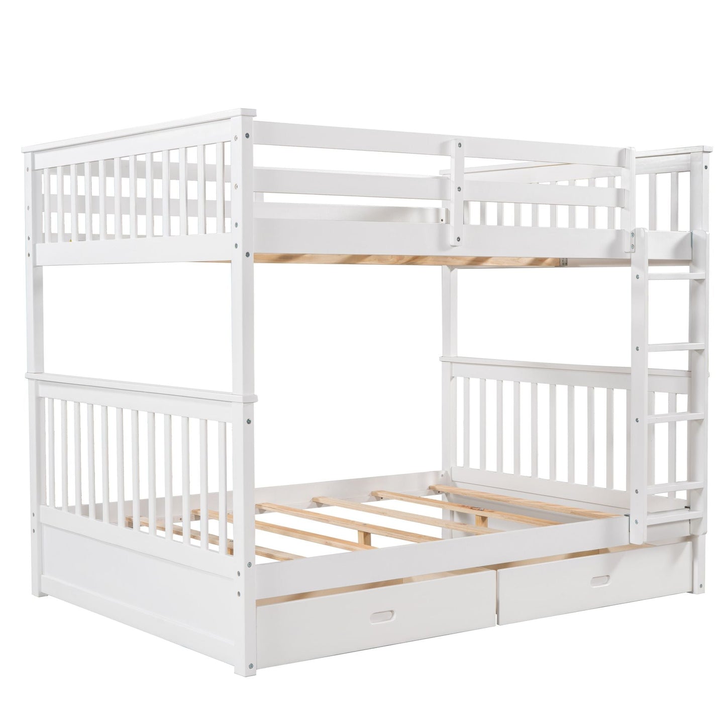 Storage-Enhanced Full Over Full Wood Bunk Bed with Ladders, Two Drawers, White | Just Better Bunk Beds