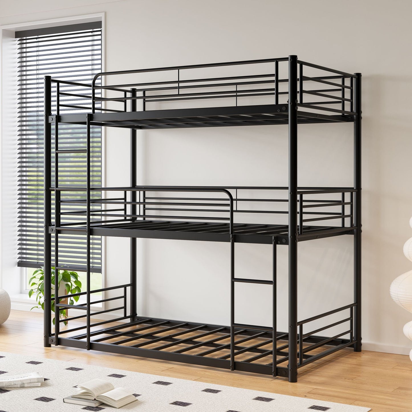 Heavy-Duty Triple Twin Over Twin Over Twin Metal Bunk Bed with Platform Frame and Guard Rail, Black | Just Better Bunk Beds