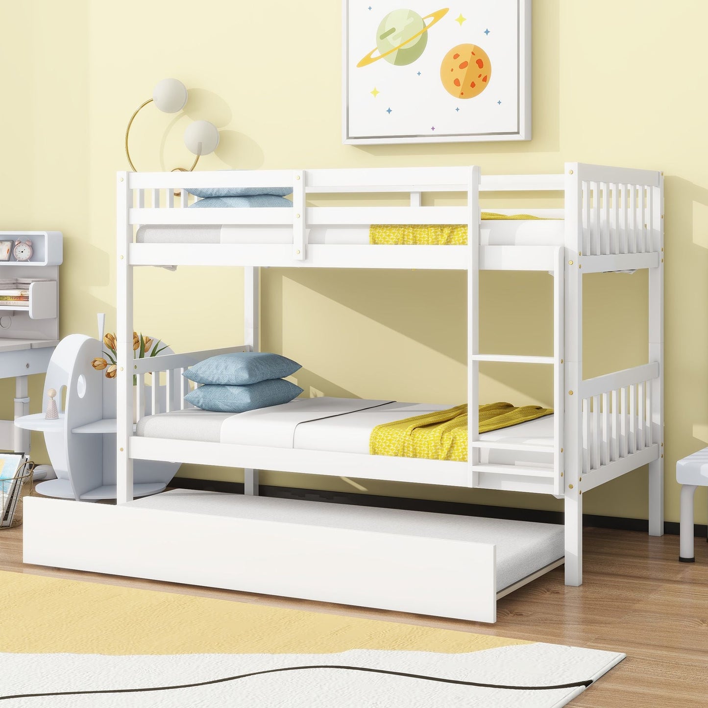 Convertible Twin Over Twin Rubber Wood Bunk Bed with Trundle, Ladder, Safety Guardrails, White | Just Better Bunk Beds