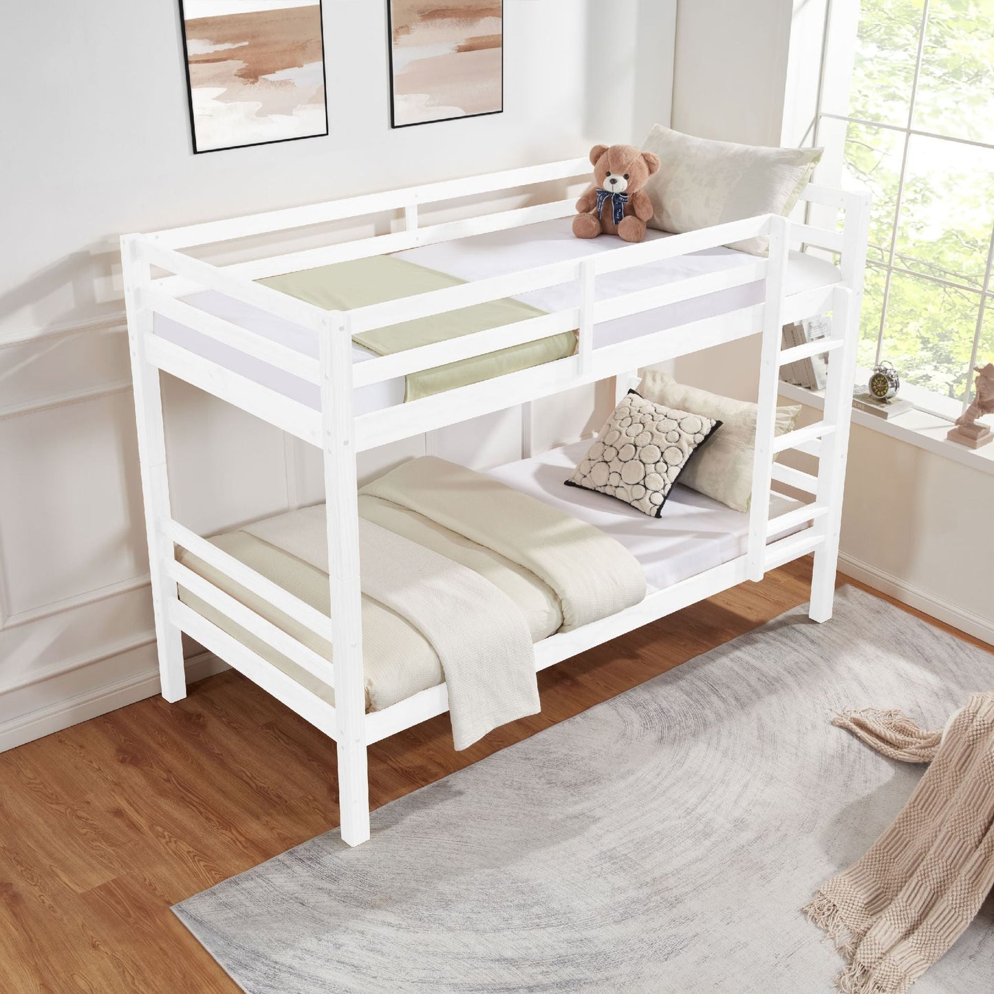 Heavy-Duty Twin Over Twin Wood Bunk Bed, White with Thick Posts, Ladder, and High Guardrail | Just Better Bunk Beds