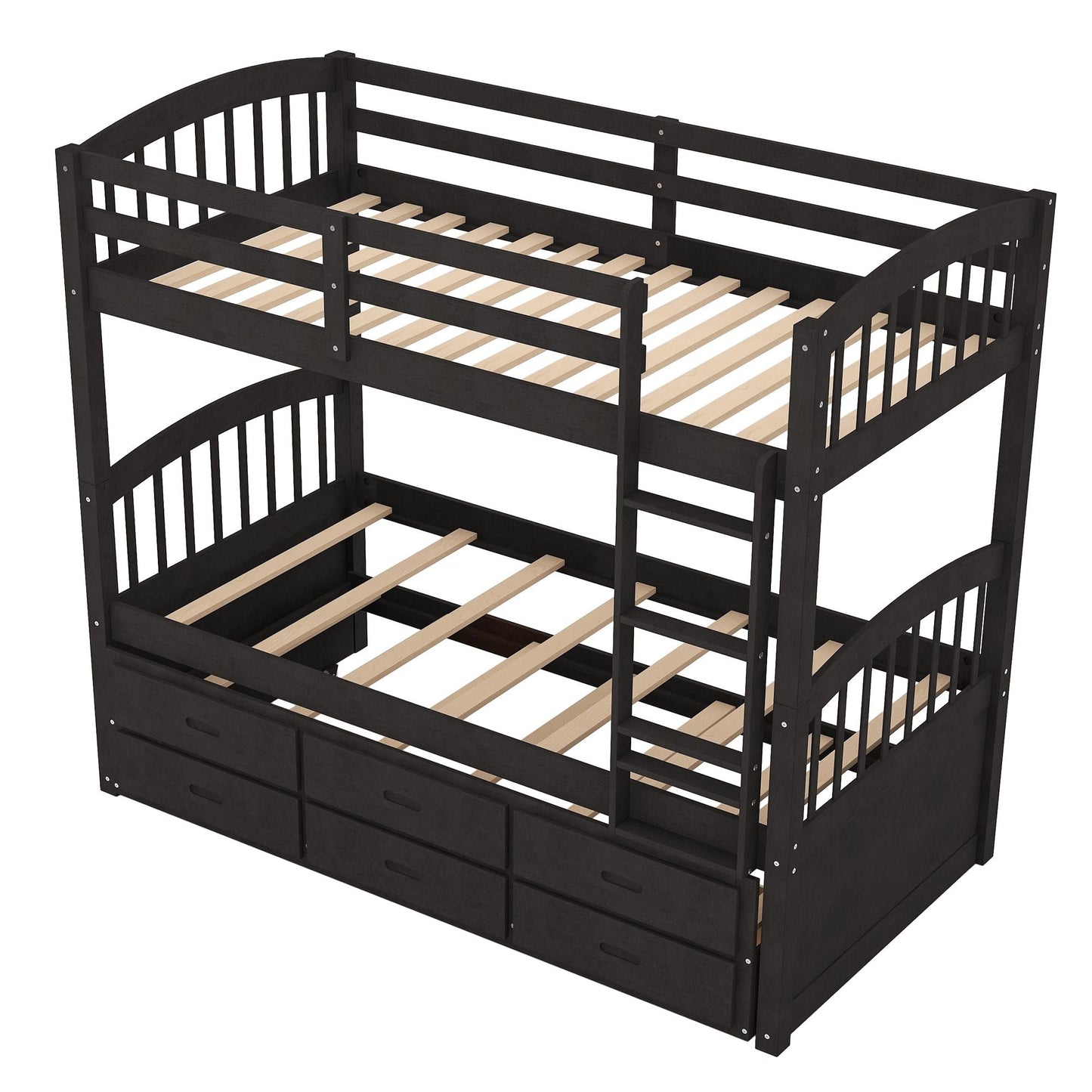 Shared Room Solution Twin Over Twin Wood Bunk Bed with Trundle and Drawers, Espresso | Just Better Bunk Beds