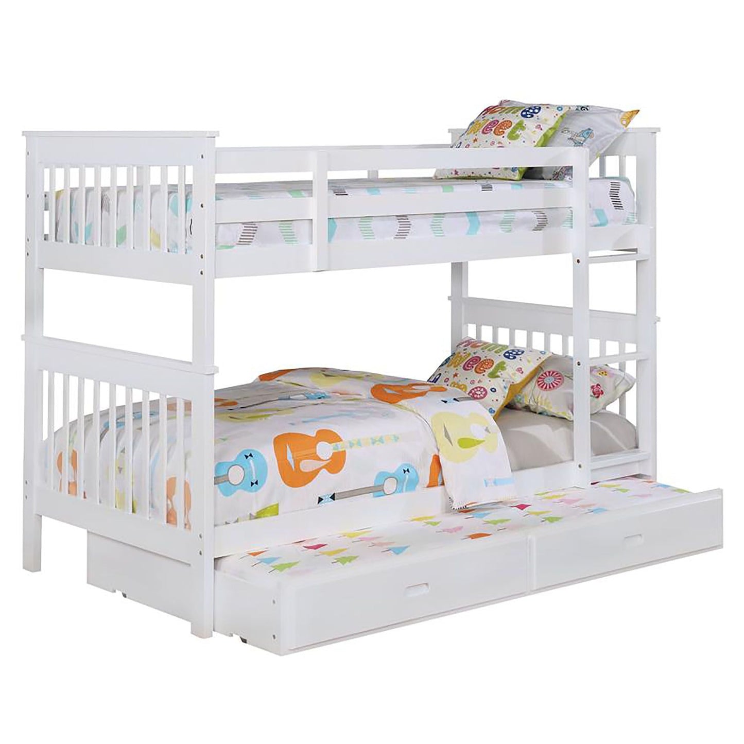 House-Style Twin Over Twin Wood Bunk Bed with White Slatted Headboard | Just Better Bunk Beds