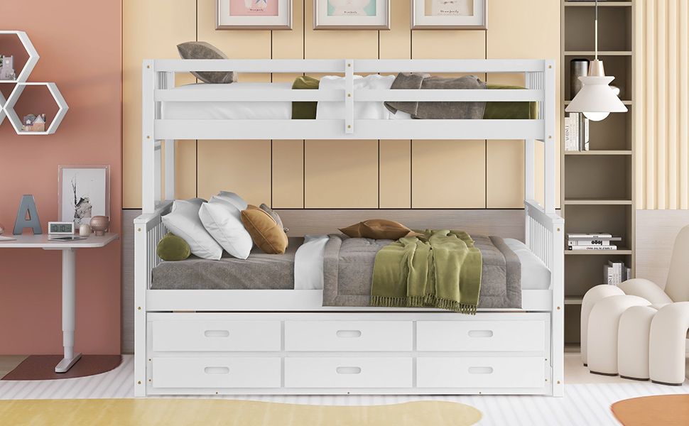 Versatile Twin Over Full Wood Bunk Bed, White with Trundle and Drawers | Just Better Bunk Beds