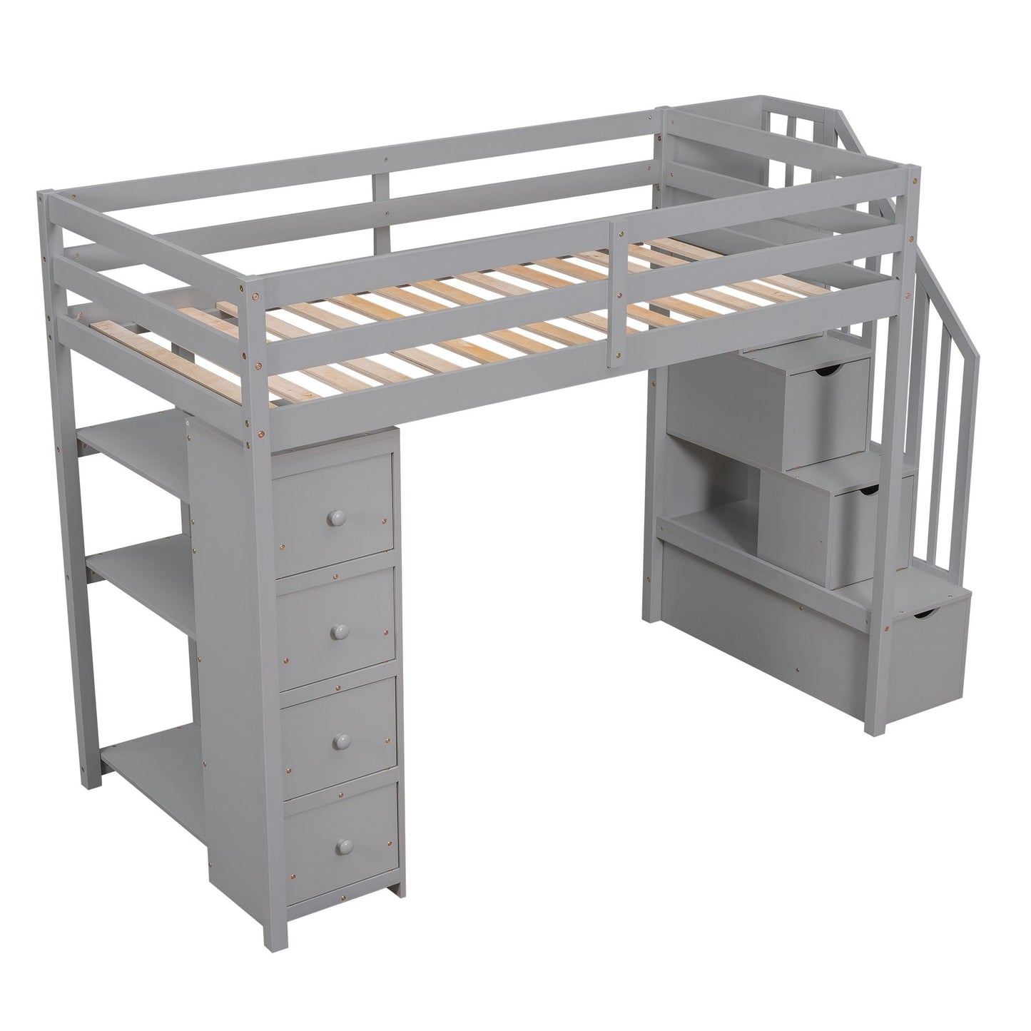 Kids Bedroom Twin Wood Loft Bed with Storage Drawers and Stairs, Espresso | Just Better Bunk Beds