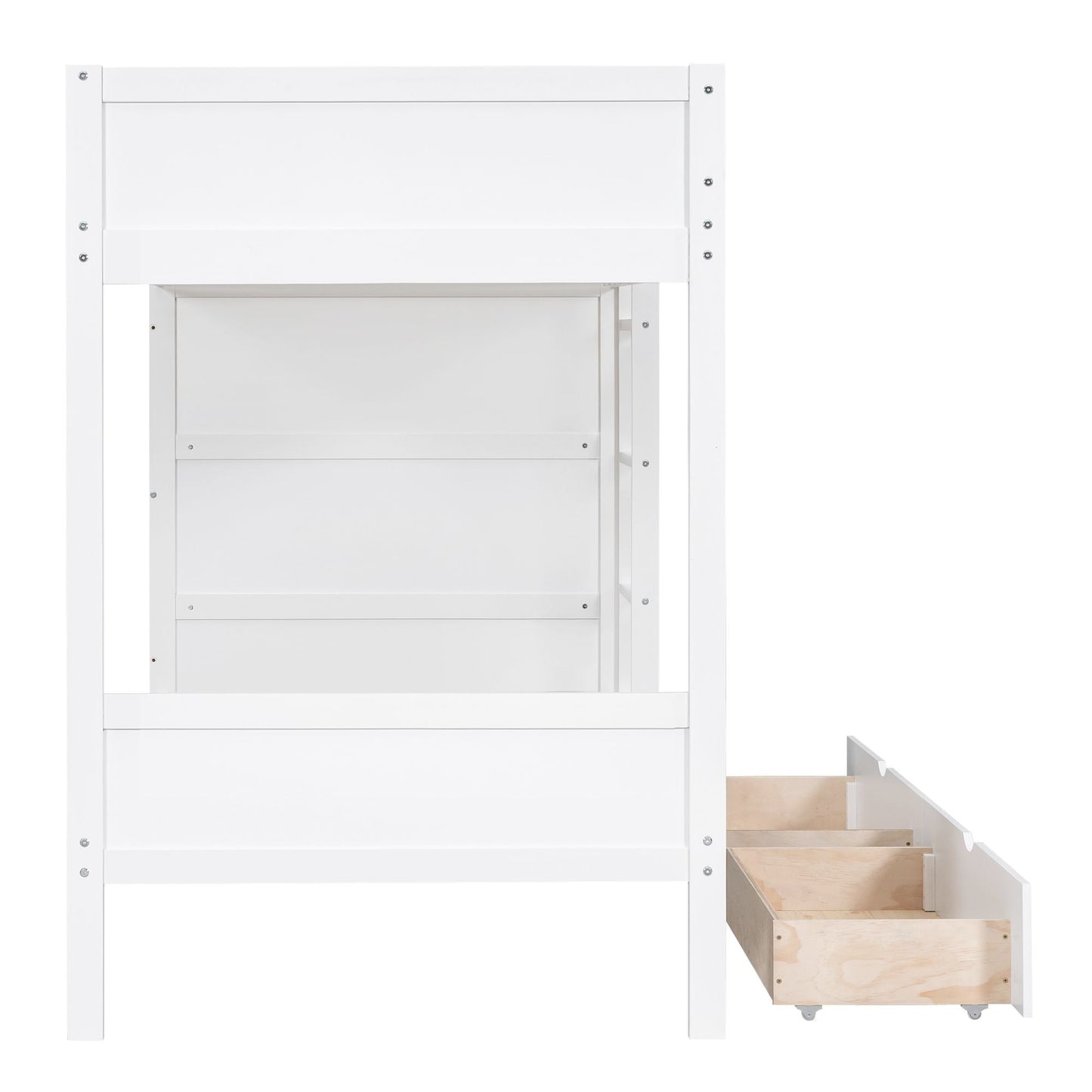 Storage Twin Over Twin Wood Bunk Bed with 2 Drawers and Multi-Layer Cabinet, White | Just Better Bunk Beds