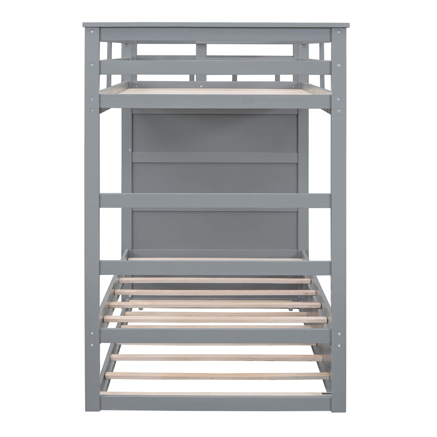 Shared Room Solution Twin Over Twin Wood Bunk Bed with Trundle and Staircase, Gray | Just Better Bunk Beds