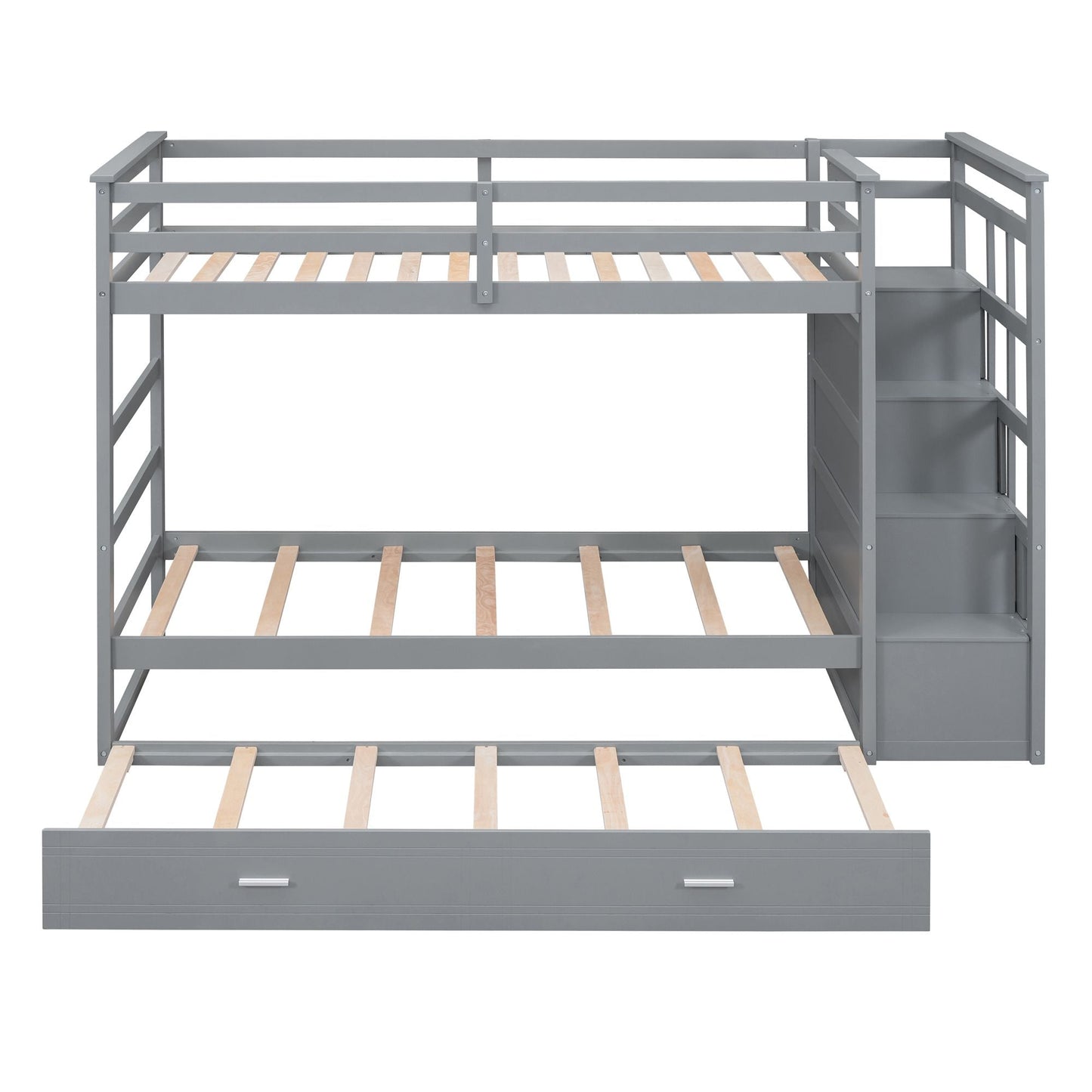 Staircase Storage Twin Over Twin Wood Bunk Bed with Trundle, Gray | Just Better Bunk Beds