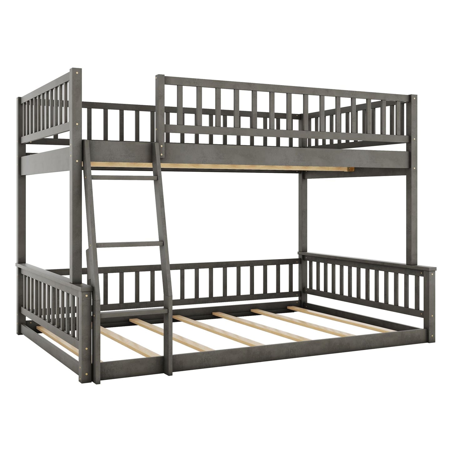 Space-Saving Full XL Over Queen Wood Bunk Bed with Ladder and Guardrails, Gray | Just Better Bunk Beds