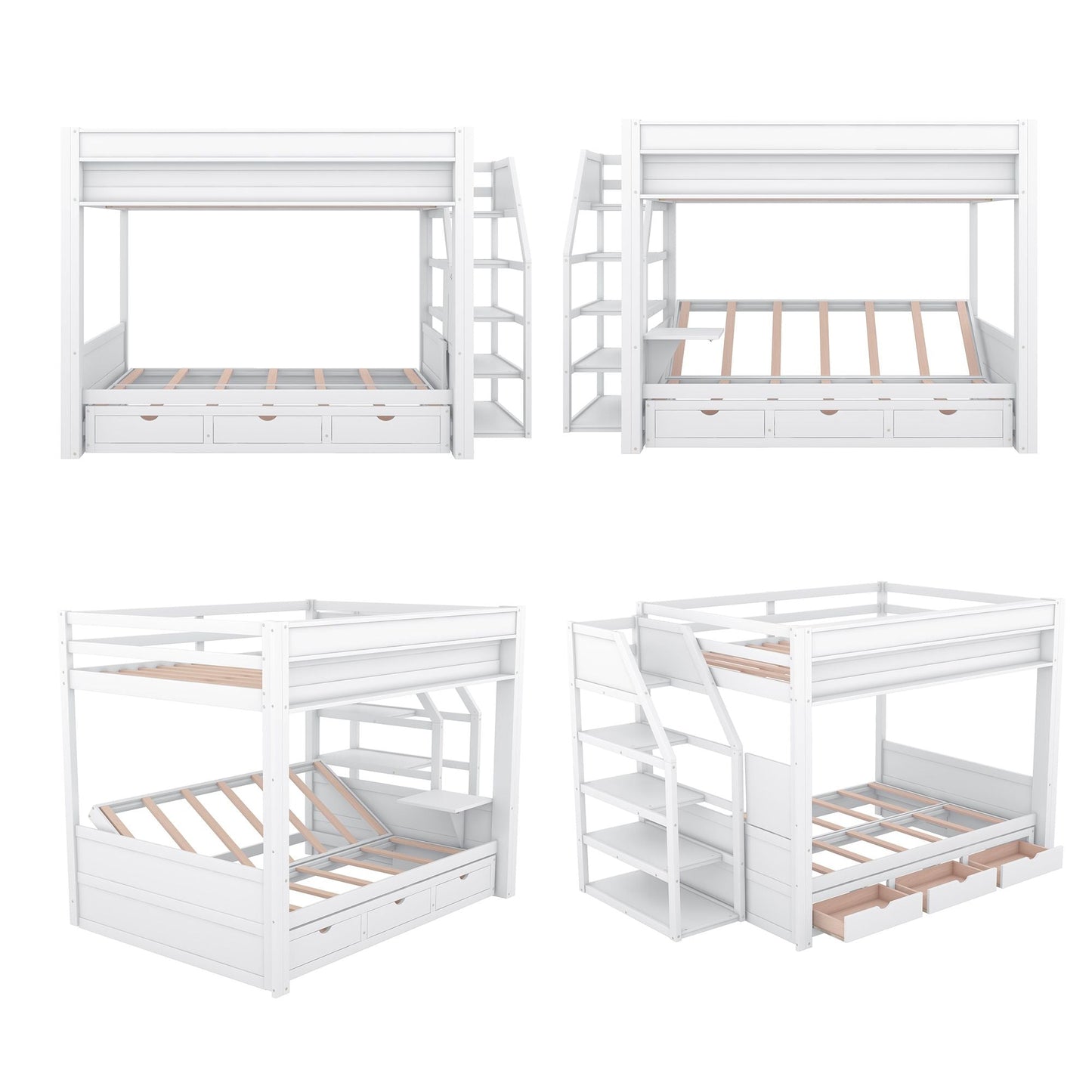 Convertible Full Wood Bunk Bed with Storage Staircase, Bedside Table, 3 Drawers, White | Just Better Bunk Beds