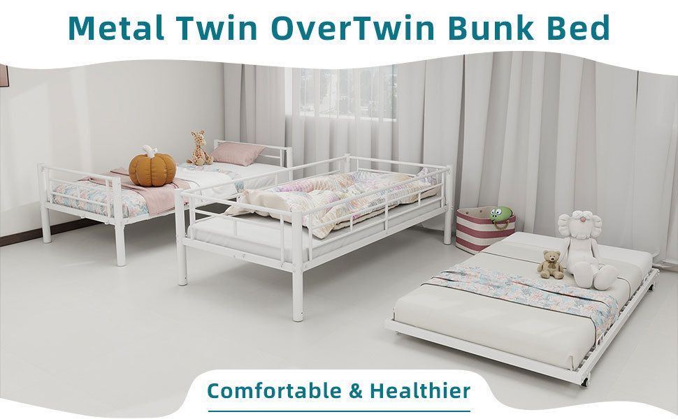 Heavy-duty Sturdy Meta Twin over Twin Bunk Bed/l/ Noise Reduced/ Safety Guardrail/No Box Spring Needed, White