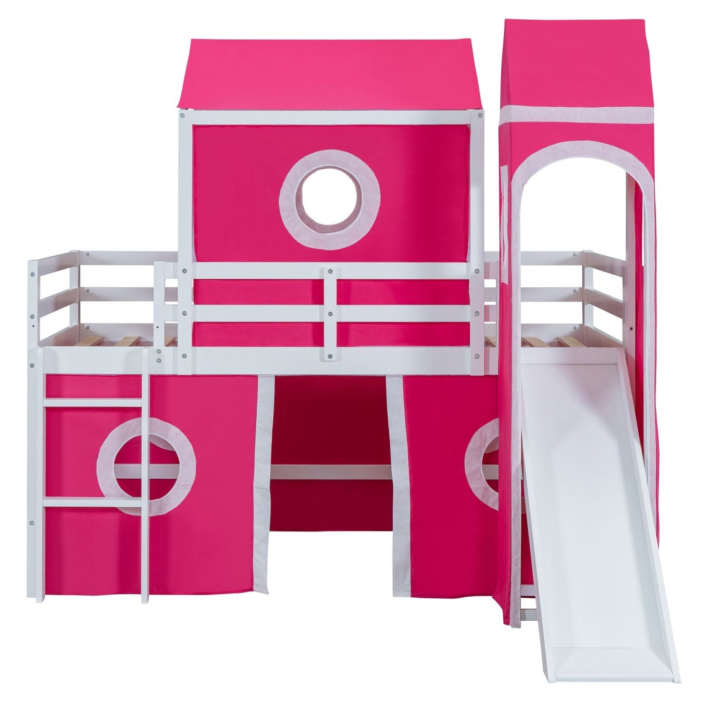Kids Bedroom Twin Loft Bed with Slide, Pink Tent and Tower, Pink Wood | Just Better Bunk Beds