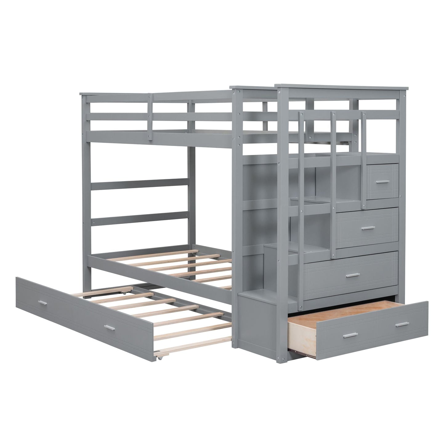 Shared Room Solution Twin Over Twin Wood Bunk Bed with Trundle and Staircase, Gray | Just Better Bunk Beds