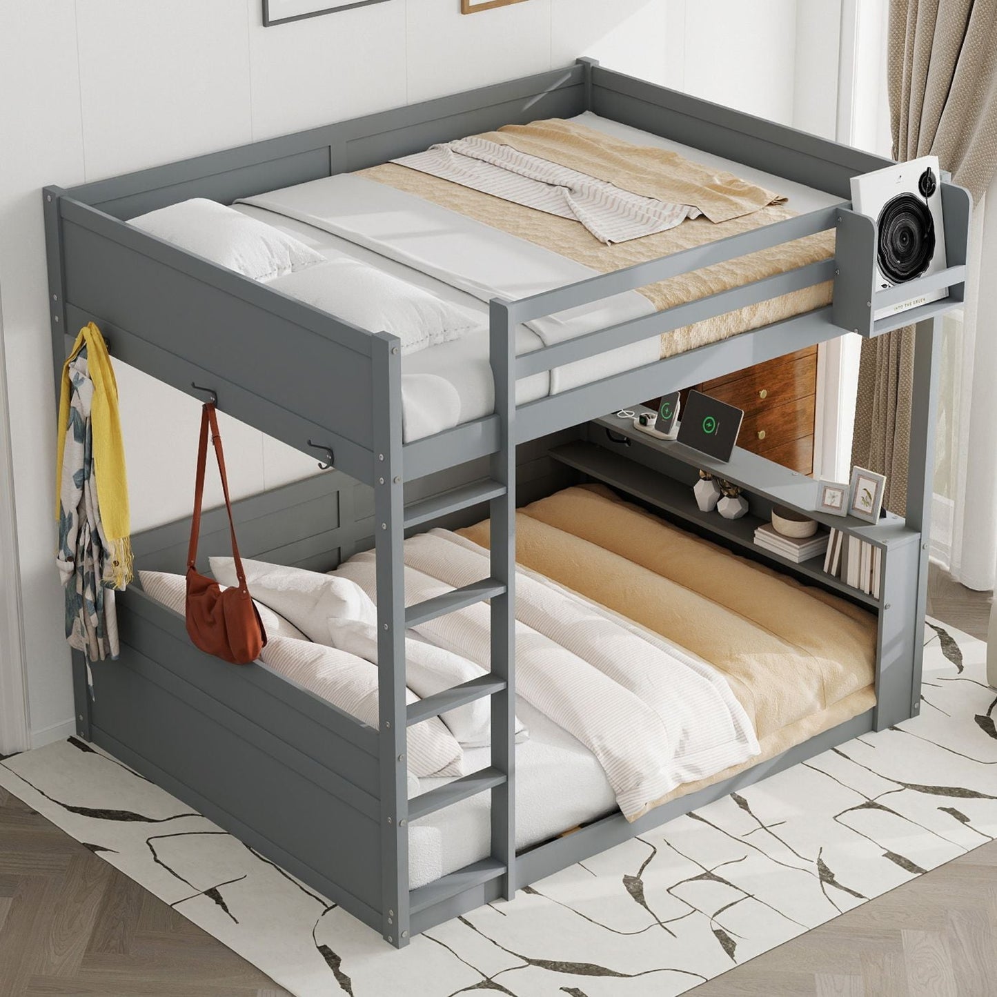 Kids Bedroom Queen Wood Bunk Bed with Built-in Shelves, Storage Box, LED Light, USB Charging, Gray | Just Better Bunk Beds