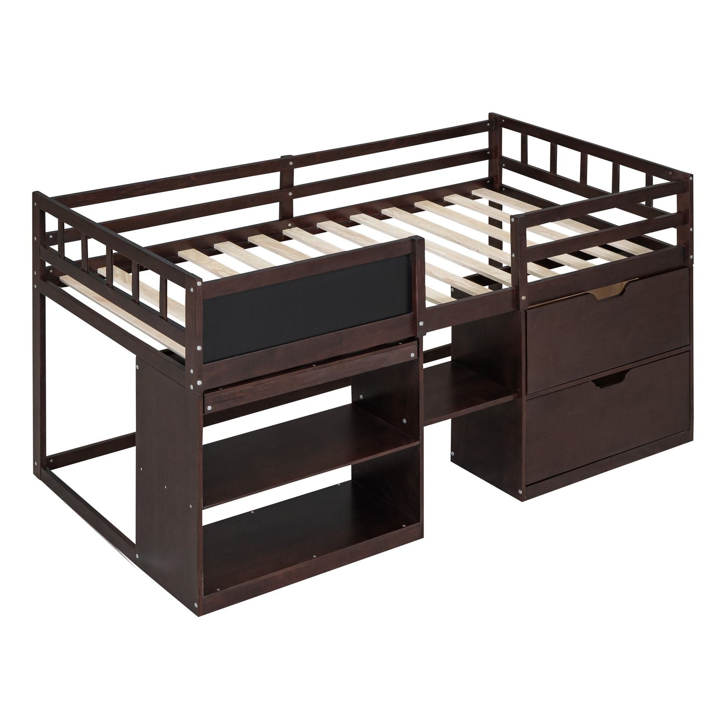 Space-Saving Twin Low Loft Wood Bed with Rolling Desk, Shelf, Drawers, White | Just Better Bunk Beds