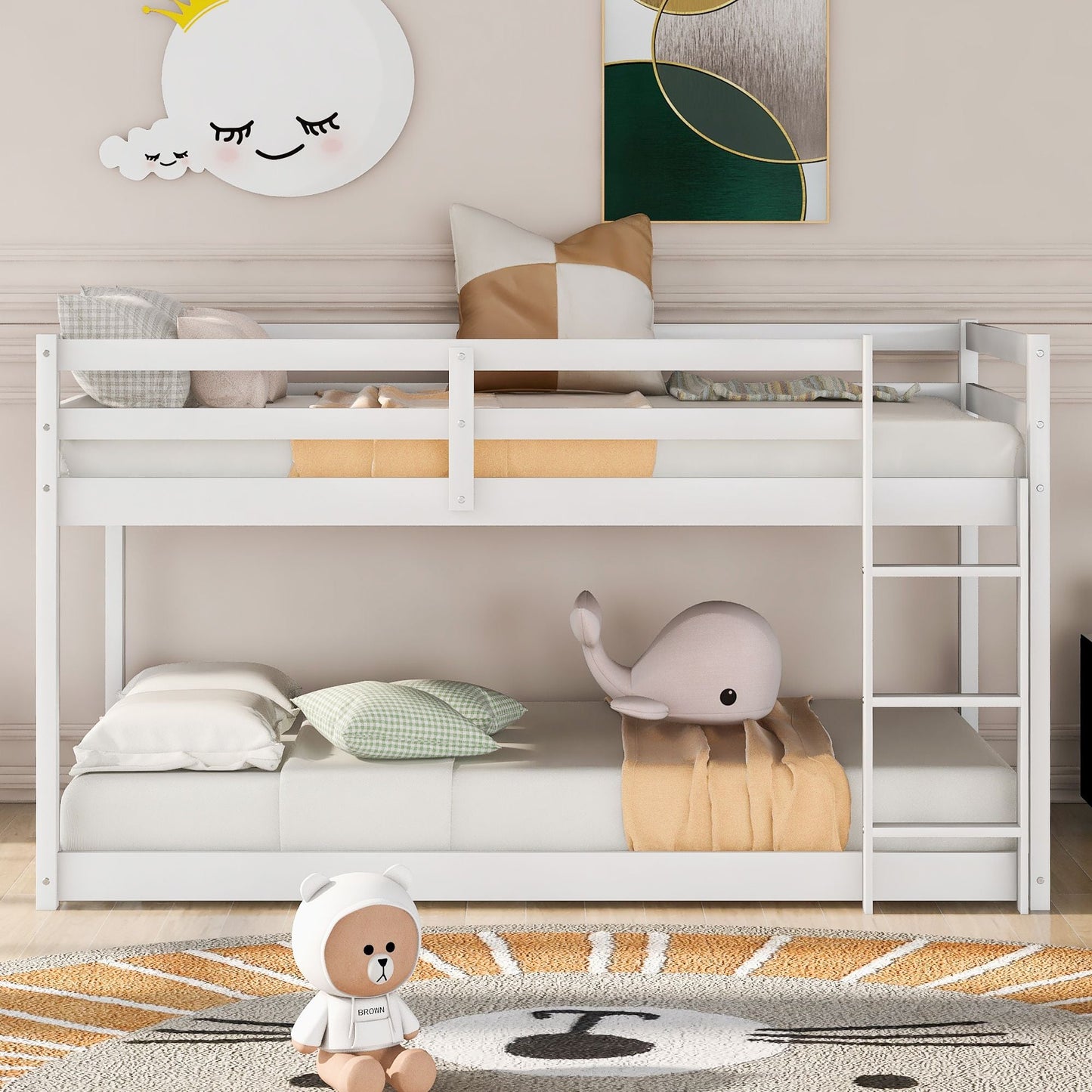 Space-Saving Twin Wood Bunk Bed with Built-In Ladder, White | Just Better Bunk Beds