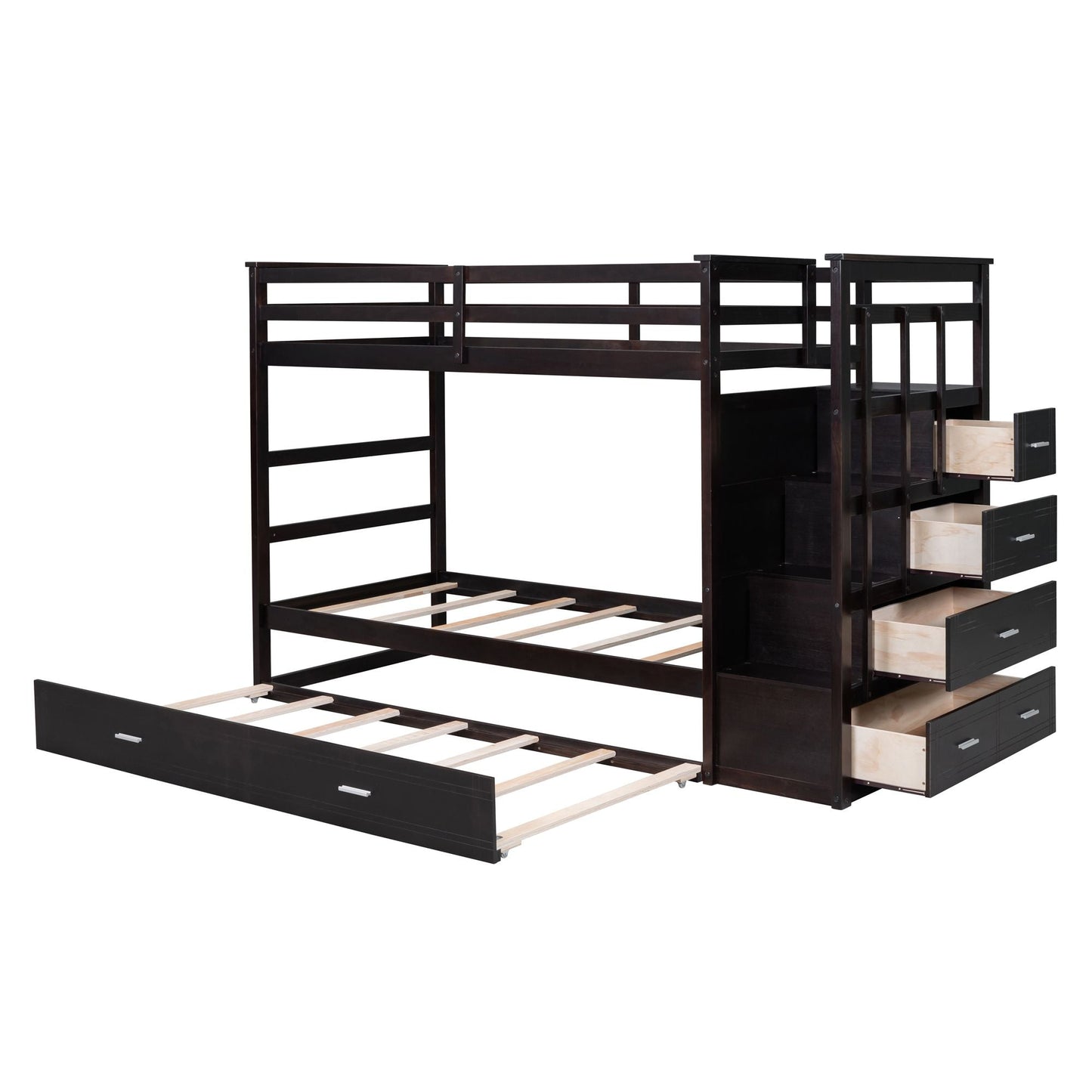 Shared Room Solution Twin Over Twin Wood Bunk Bed with Trundle and Staircase, Espresso | Just Better Bunk Beds