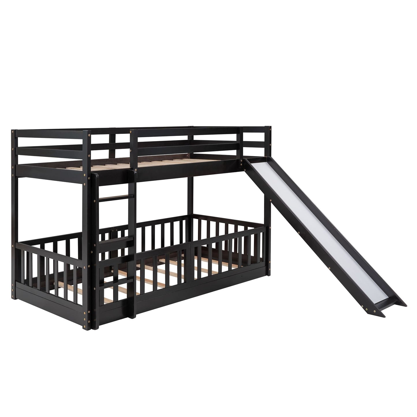 Kids Bedroom Twin Over Twin Wood Bunk Bed with Slide and Ladder, White | Just Better Bunk Beds