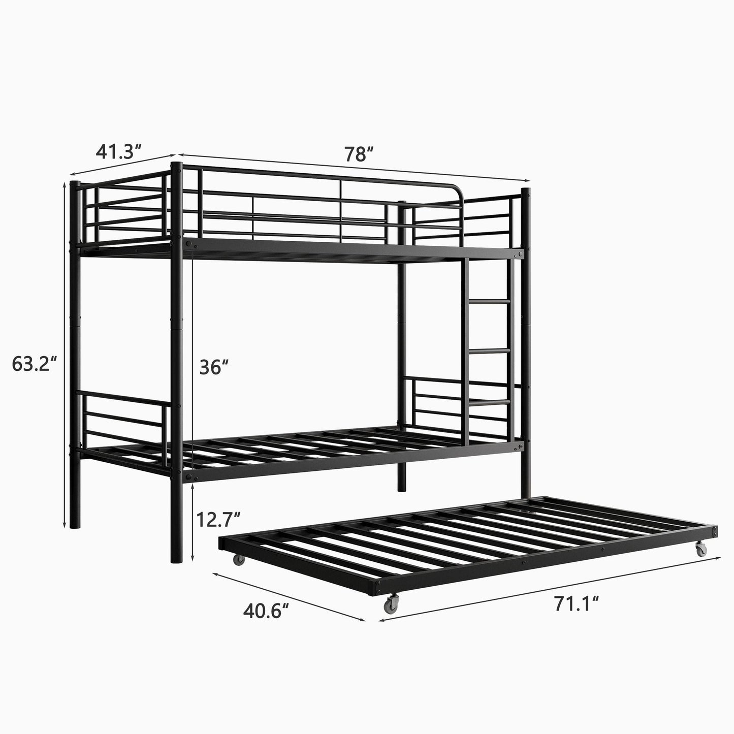 Space-Saving Full Metal Bunk Bed with Twin Trundle, Black | Just Better Bunk Beds