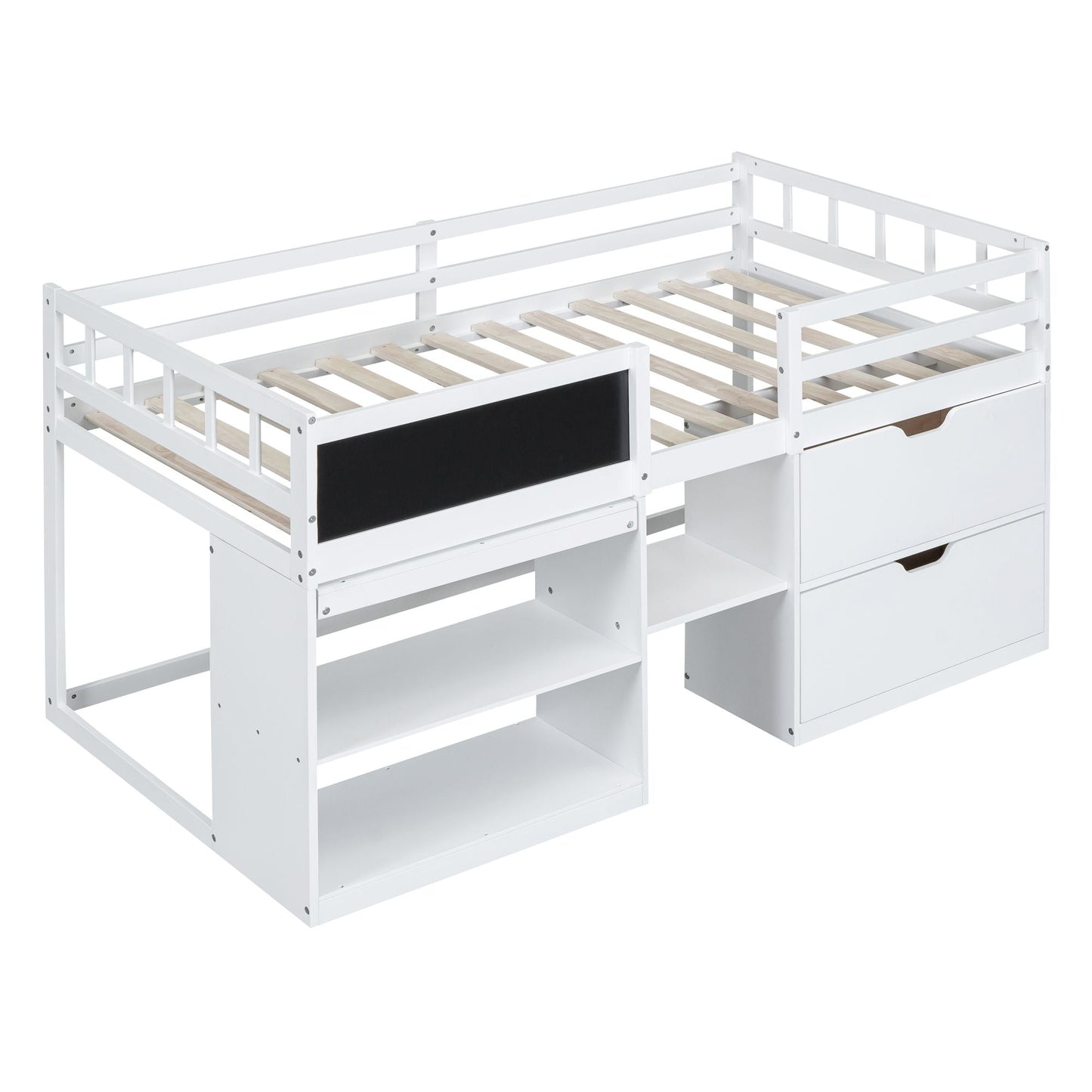 Space-Saving Twin Low Loft Wood Bed with Rolling Desk, Shelf, Drawers, White | Just Better Bunk Beds