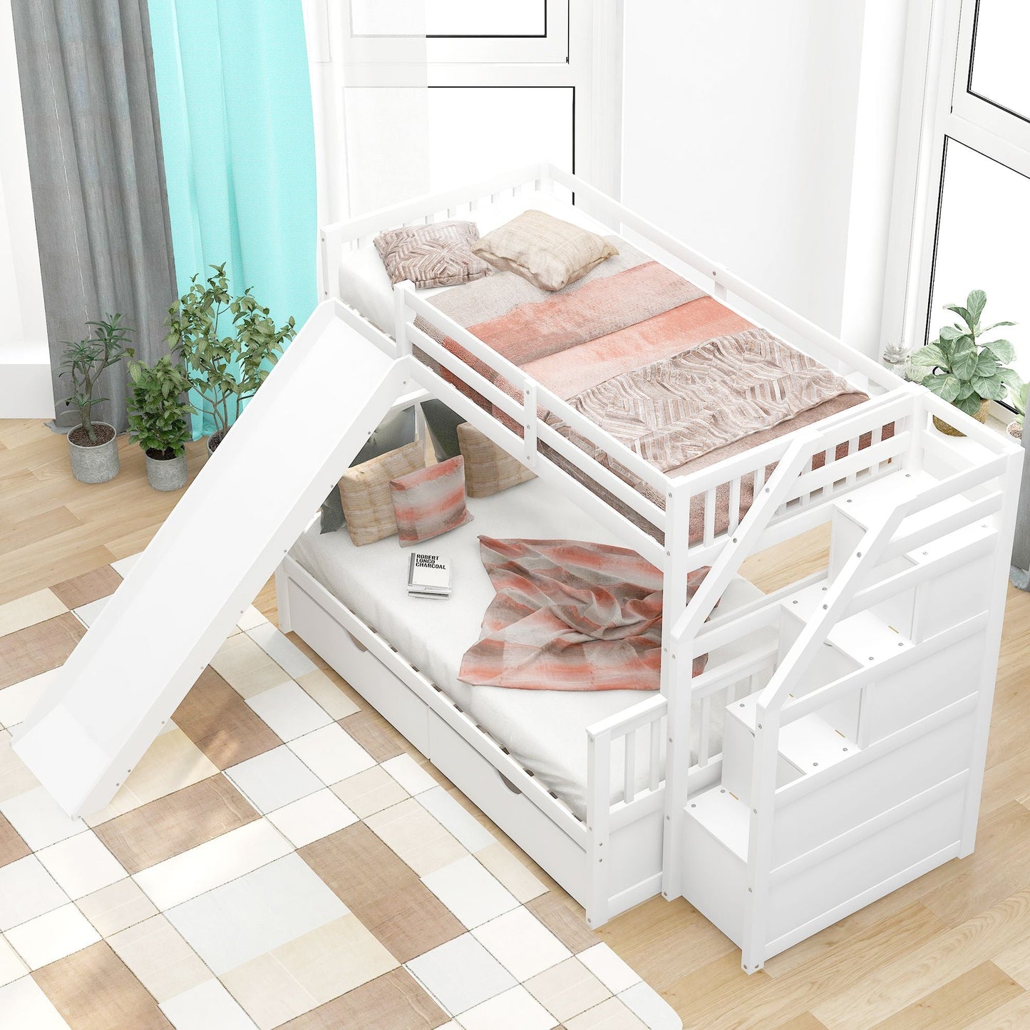 Multifunction Twin Over Full Wood Bunk Bed with Drawers, Storage and Slide, White | Just Better Bunk Beds