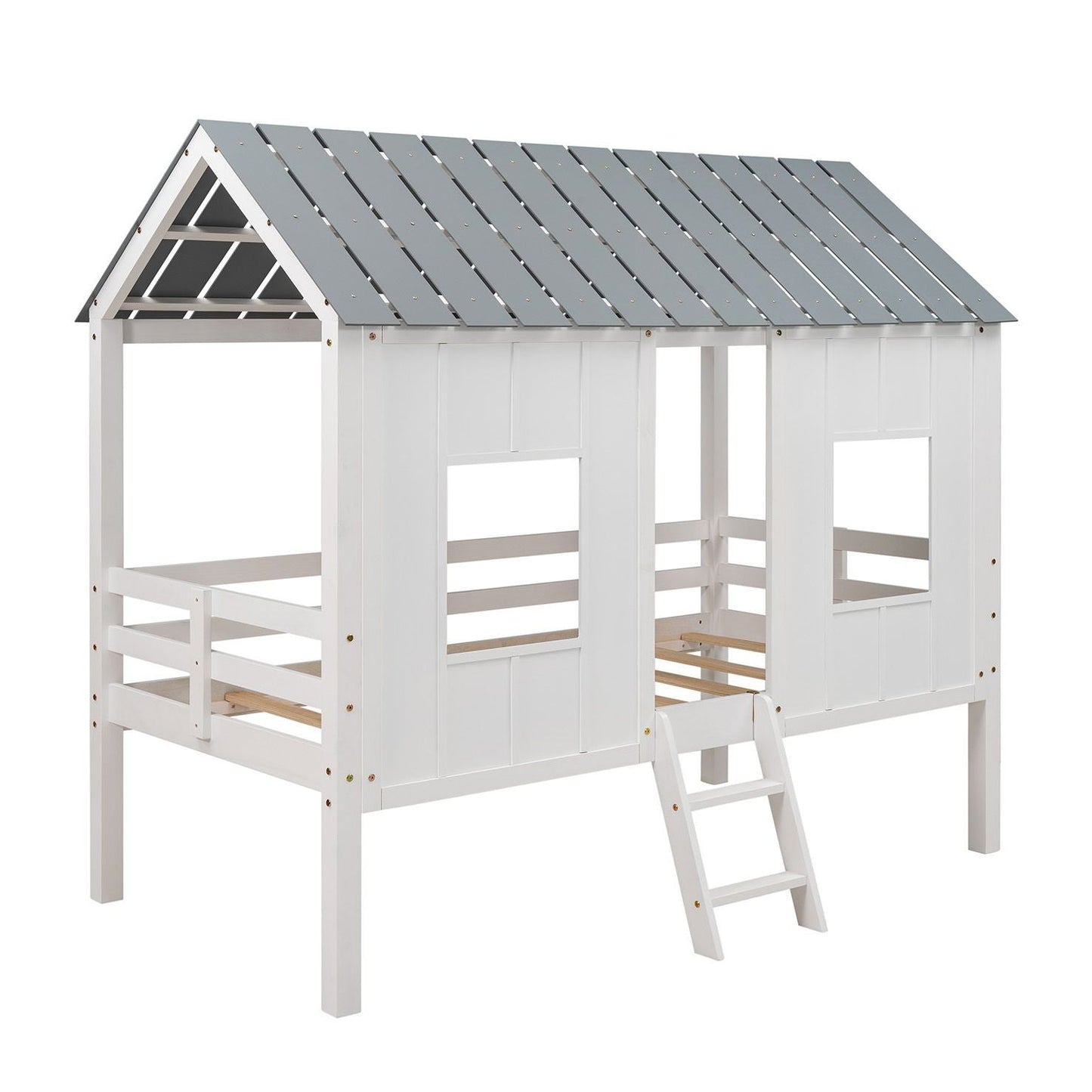 House-Style Twin Low Loft Wood Bed with Roof and Two Front Windows, White | Just Better Bunk Beds