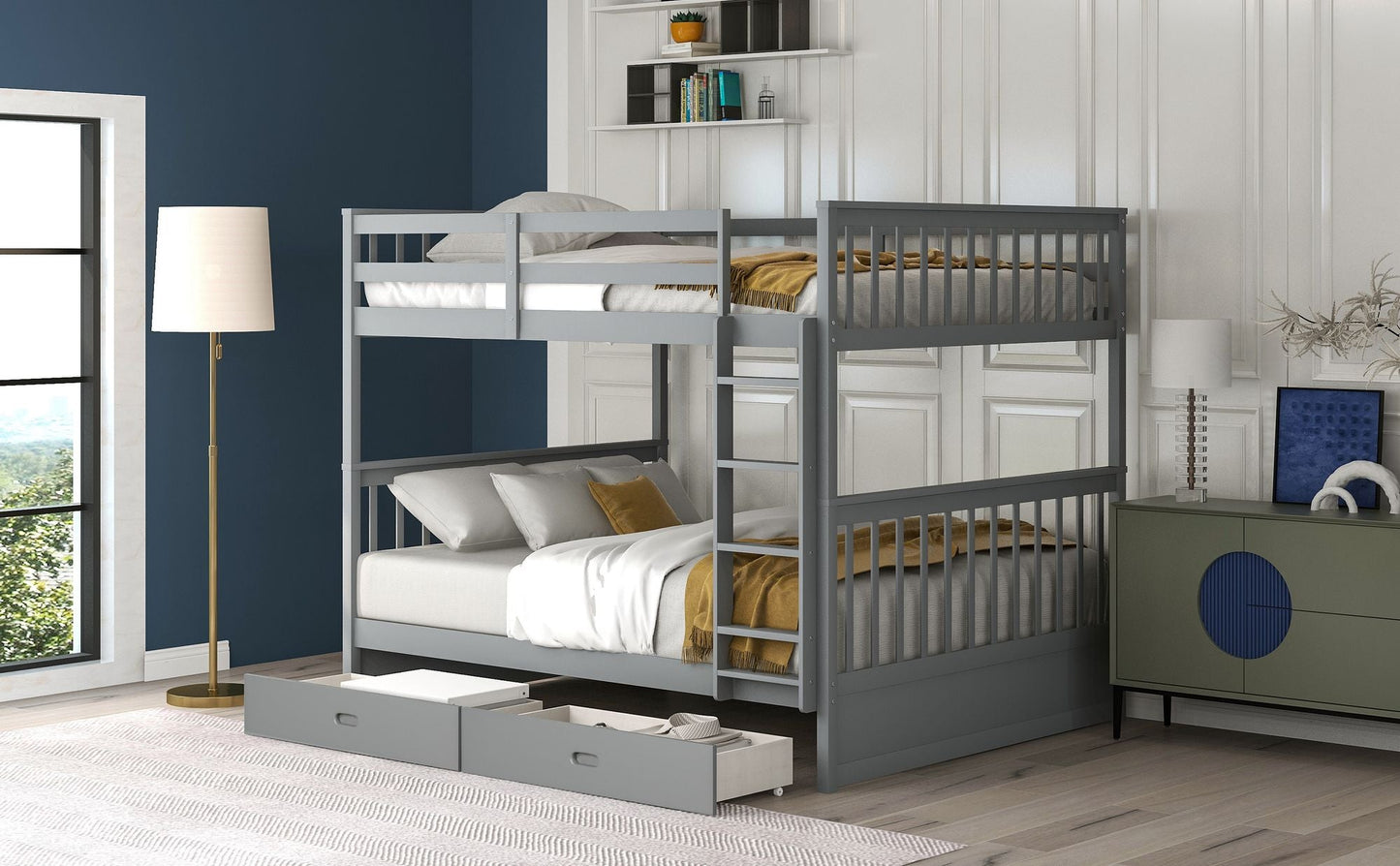 Storage-Enhanced Full Over Full Wood Bunk Bed with Ladders, Two Drawers, White | Just Better Bunk Beds