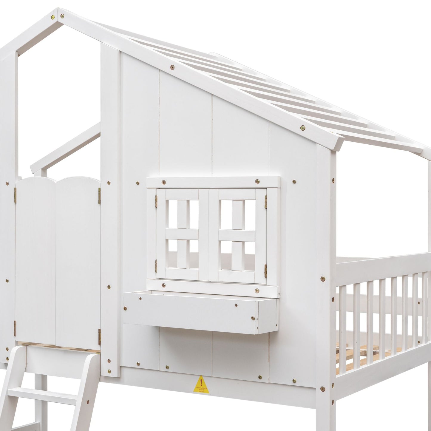 House-Style Twin Over Twin Wood Bunk Bed with Roof, Window, Door, and Ladder, Multiple Colors | Just Better Bunk Beds