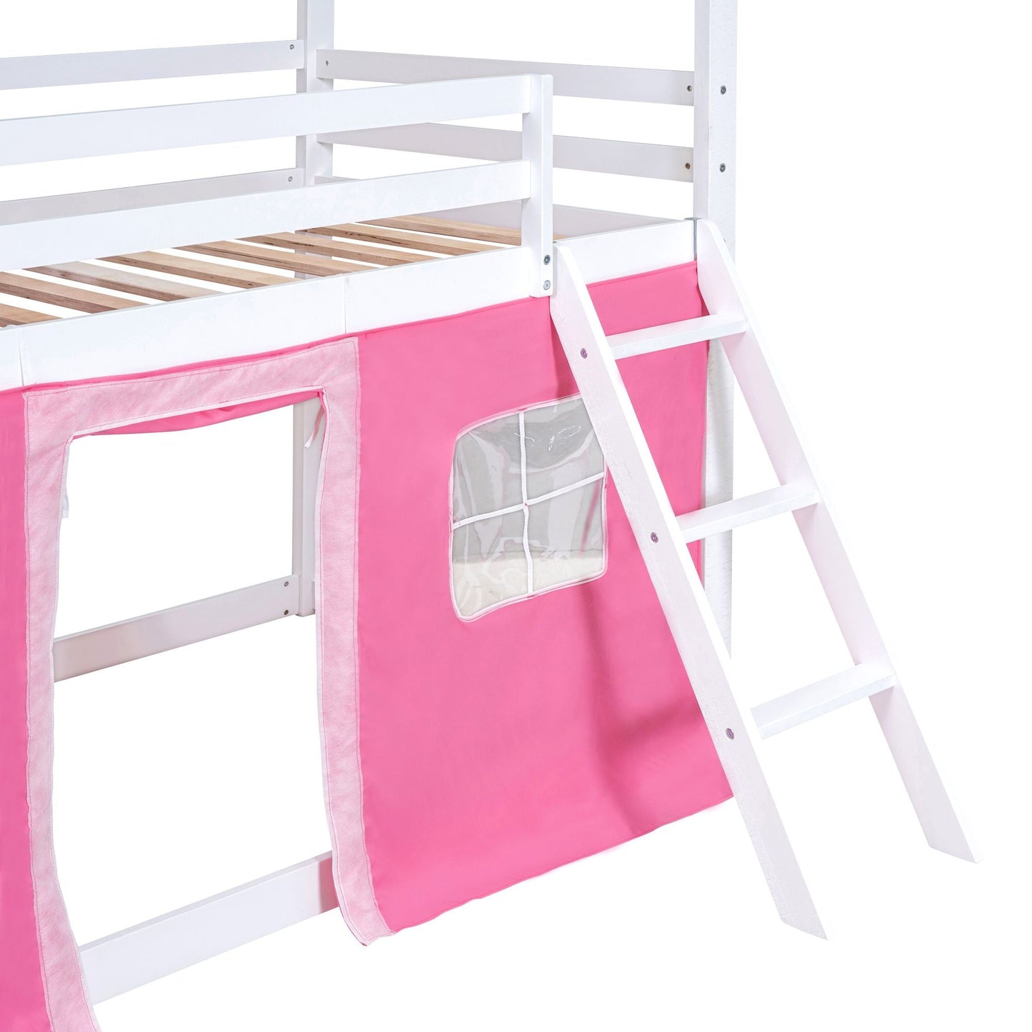 Kids Bedroom Twin Wood House-Style Bunk Bed with Elegant Windows, Sills and Tent, Pink and White | Just Better Bunk Beds