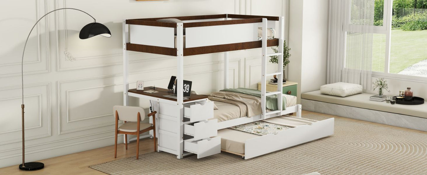 Multi-Functional Twin Over Twin Wood Bunk Bed with Trundle, Storage and Desk, White Walnut | Just Better Bunk Beds