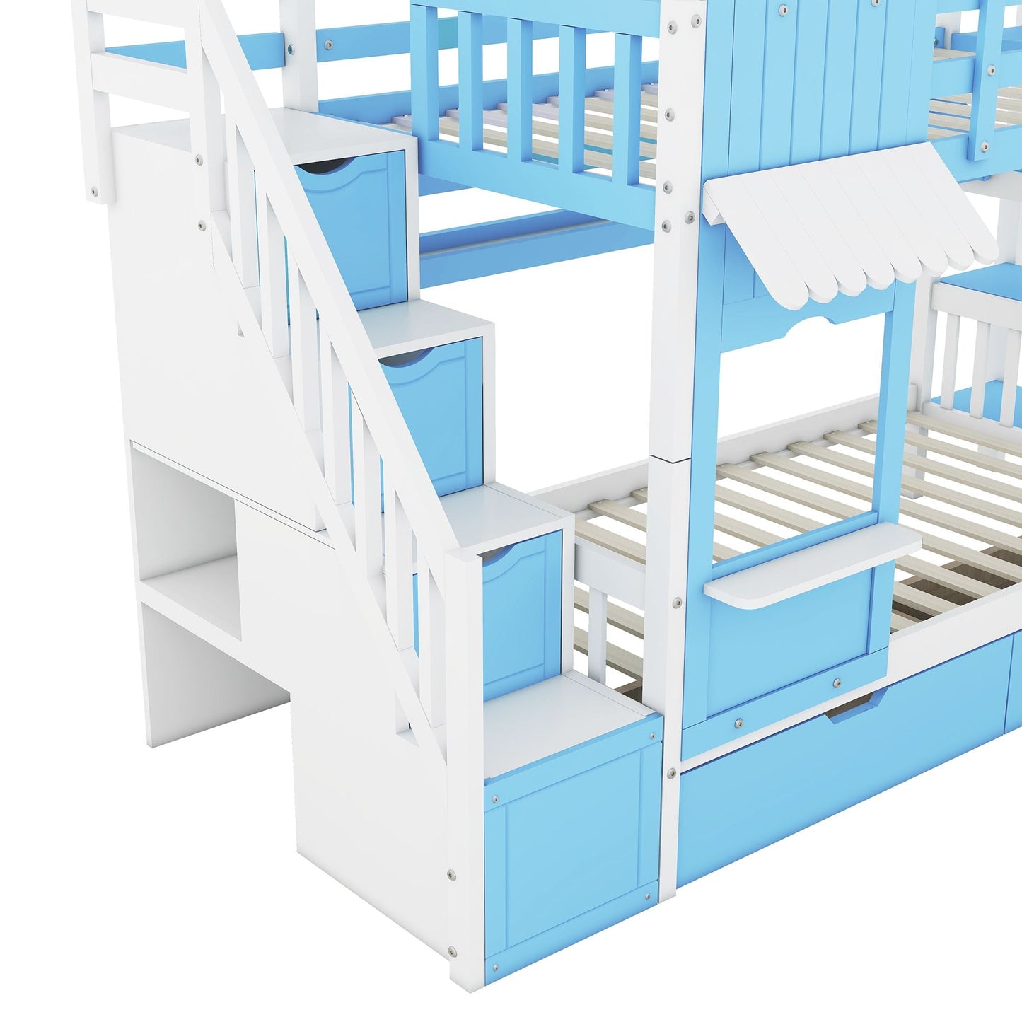 House-Style Twin Over Twin Wood Bunk Bed with 2 Drawers, 3 Shelves, and Slide, Blue | Just Better Bunk Beds