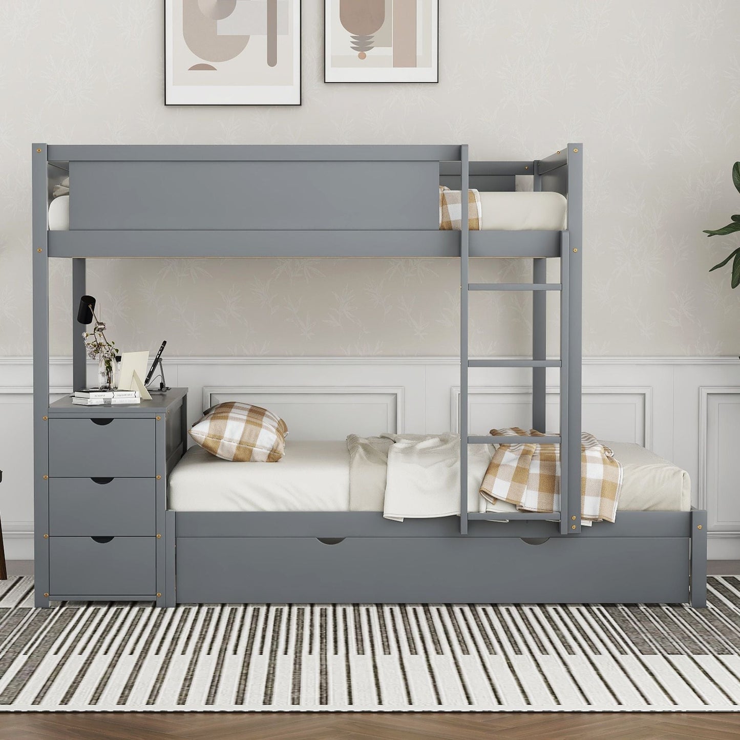 Multi-Functional Full Over Full Wood Bunk Bed with Trundle, Storage, and Desk, Gray | Just Better Bunk Beds