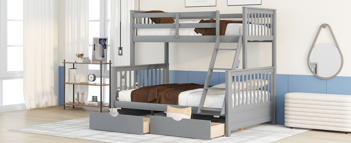 Heavy-Duty Twin Over Full Wood Bunk Bed with Ladders and Two Storage Drawers, White | Just Better Bunk Beds