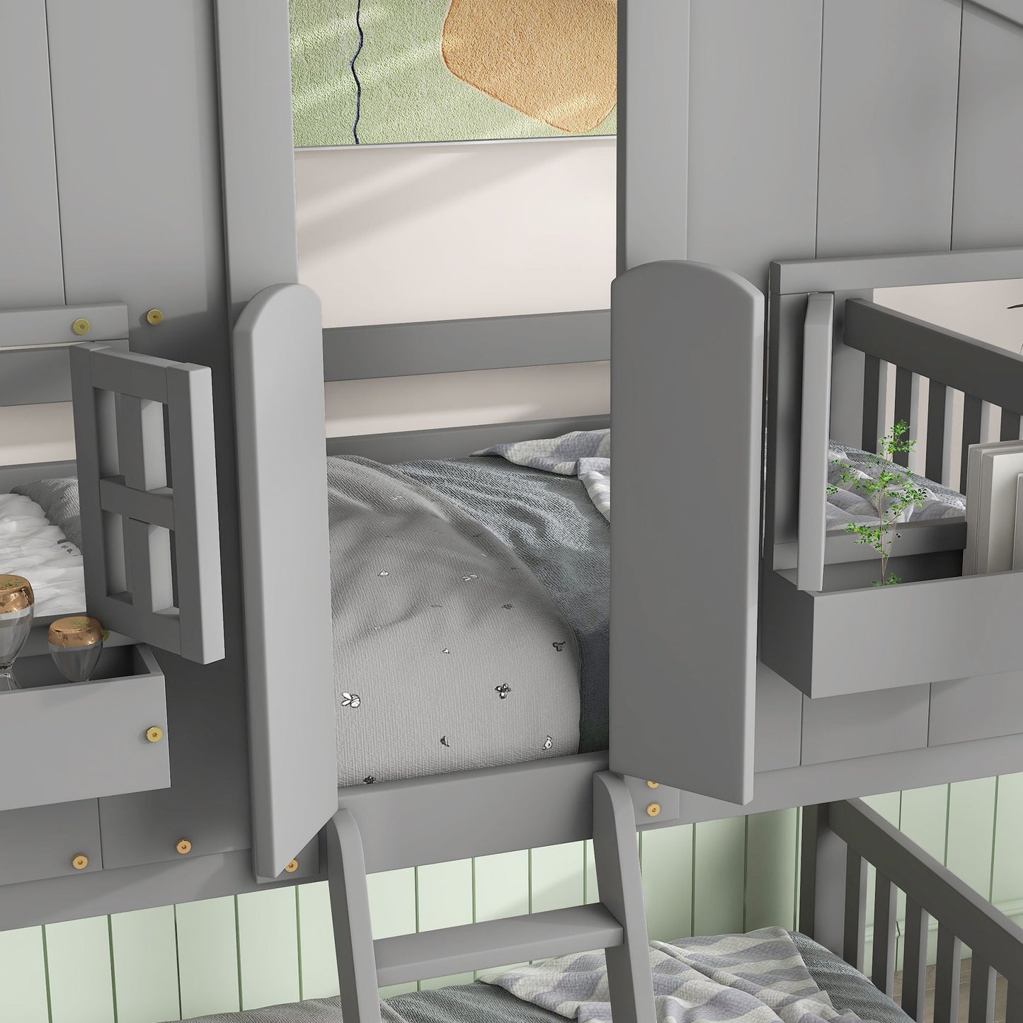 House-Style Twin Over Twin Wood Bunk Bed with Roof, Window, Door, and Ladder, Multiple Colors | Just Better Bunk Beds