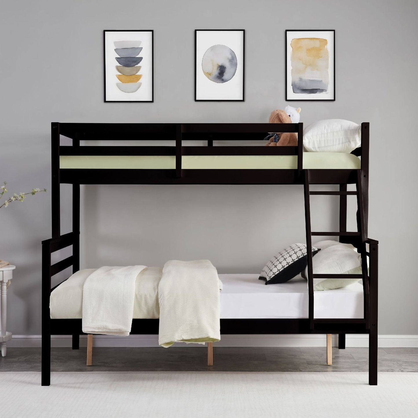 Dorm Room Twin Over Full Wood Bunk Bed with Ladder and Guardrail, Espresso | Just Better Bunk Beds