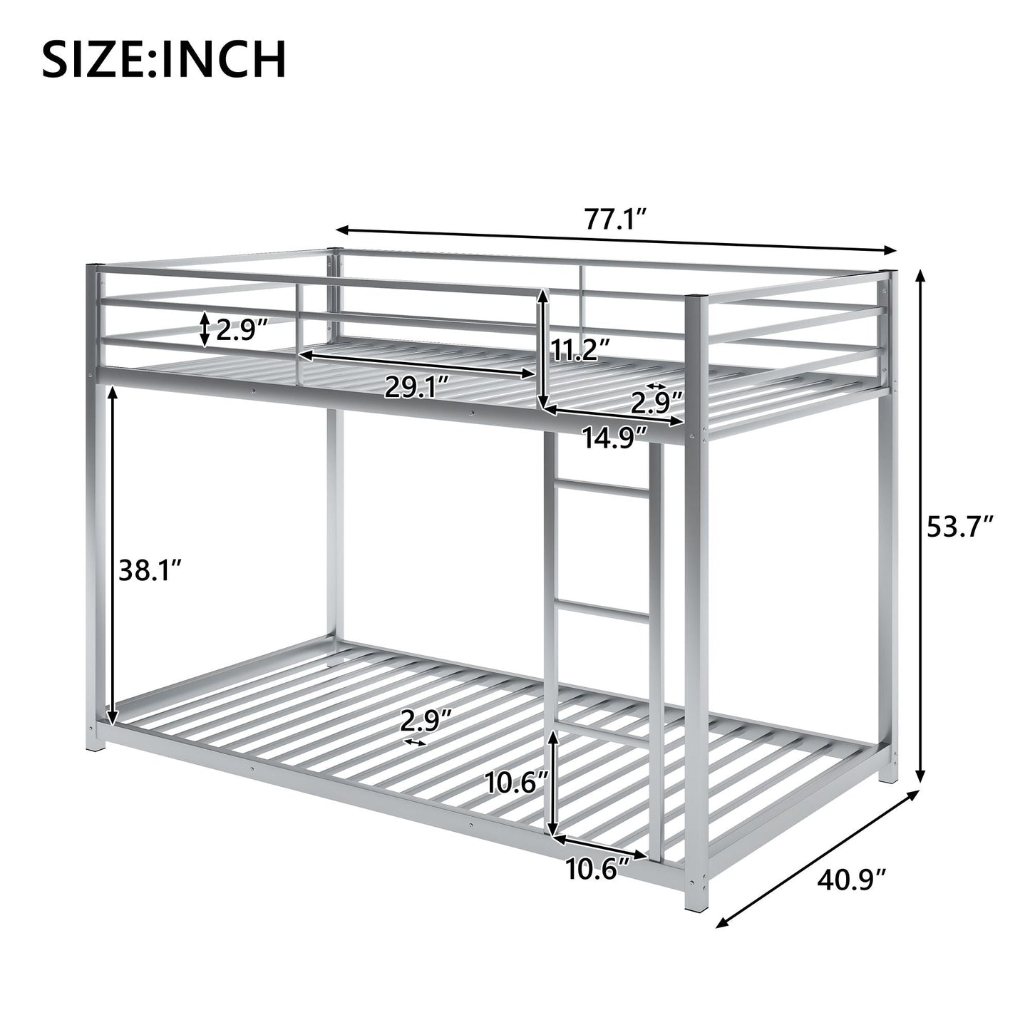 Low Profile Twin Over Twin Metal Bunk Bed with Ladder, White | Just Better Bunk Beds