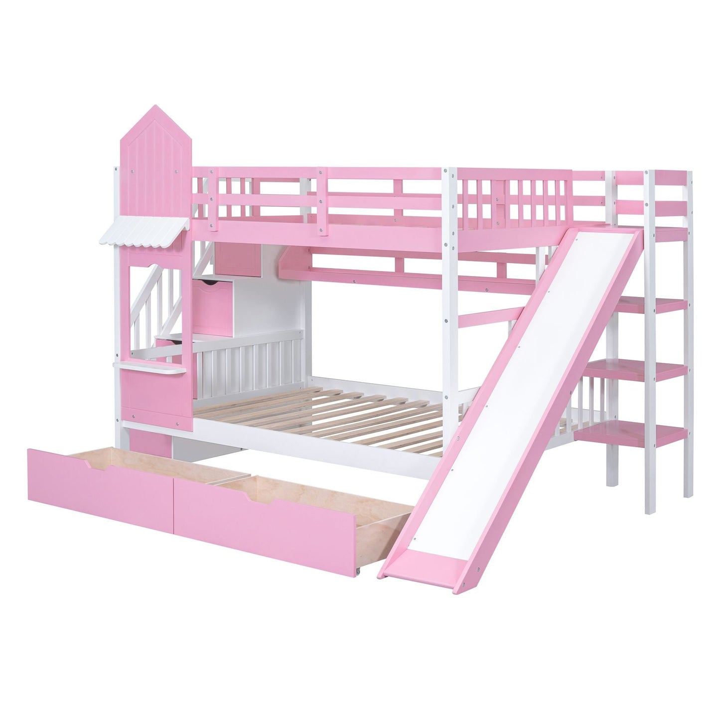 House-Style Full Over Full Wood Castle Bunk Bed with Drawers, Shelves, and Slide, Pink | Just Better Bunk Beds