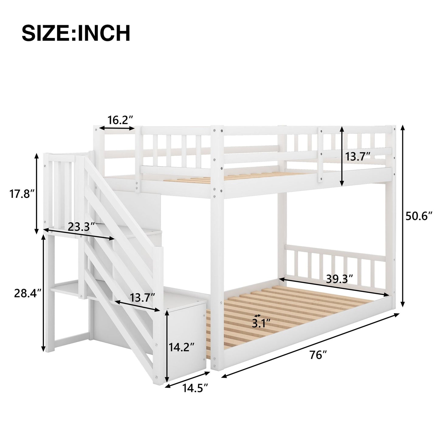 Floor-Level Twin Over Twin Wood Bunk Bed with Ladder and Storage, White | Just Better Bunk Beds