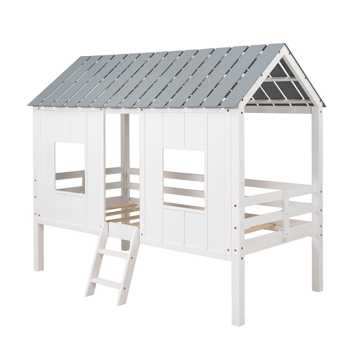 House-Style Twin Low Loft Wood Bed with Roof and Two Front Windows, White | Just Better Bunk Beds