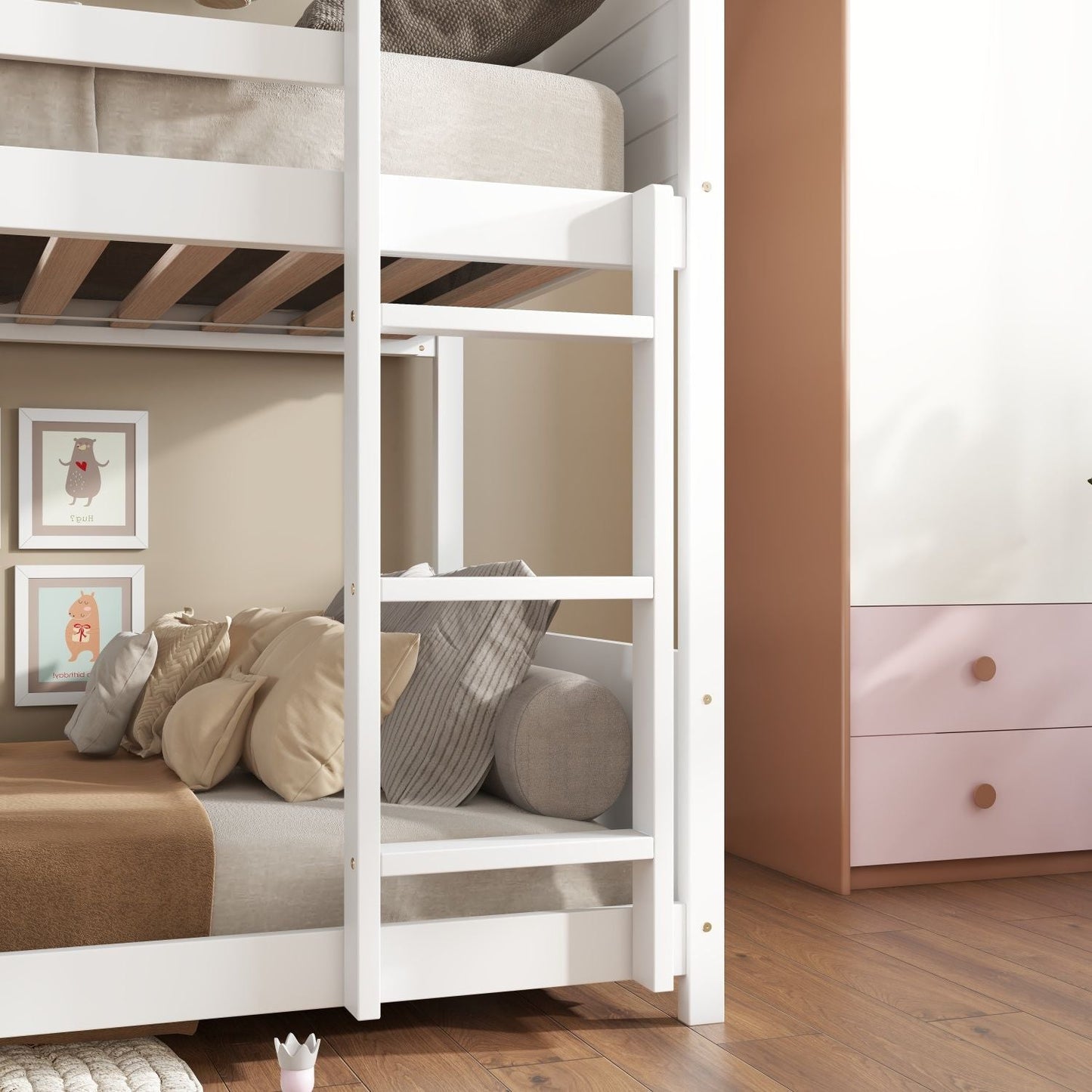 Twin Over Twin House Floor Bunk Bed with Headboards,  Footboards and Guardrails,  Ladder,  Rubber Wood Bunk Bed with Safety Guardrails, White
