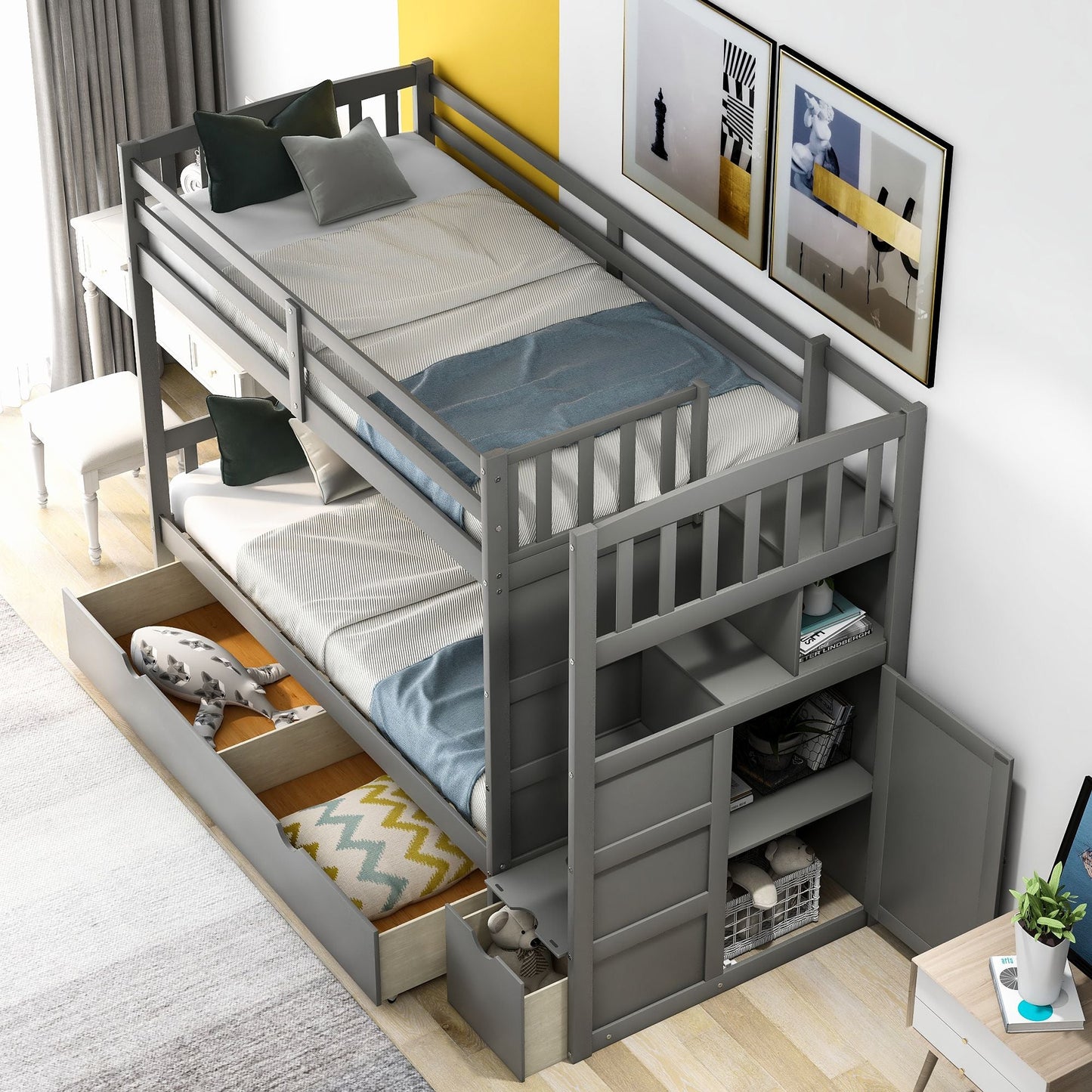 Convertible Twin Over Full/Twin Wood Bunk Bed with Storage Shelves and Drawers, Gray | Just Better Bunk Beds