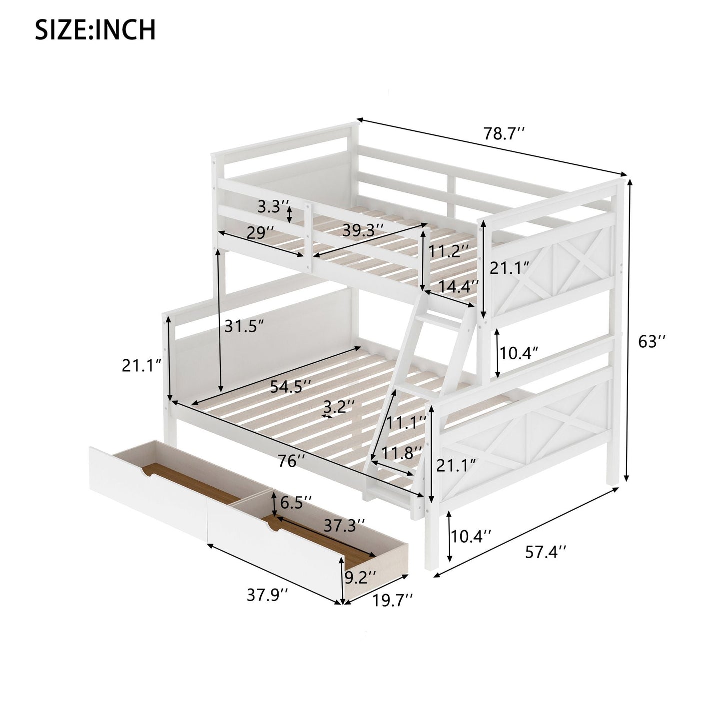 Kids Bedroom Twin Over Full Wood Bunk Bed with Ladder, Two Storage Drawers and Safety Guardrail, White | Just Better Bunk Beds