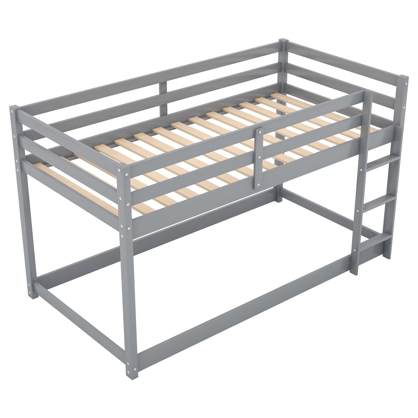 Low Profile Twin Over Twin Wood Floor Bunk Bed, White with Ladder | Just Better Bunk Beds