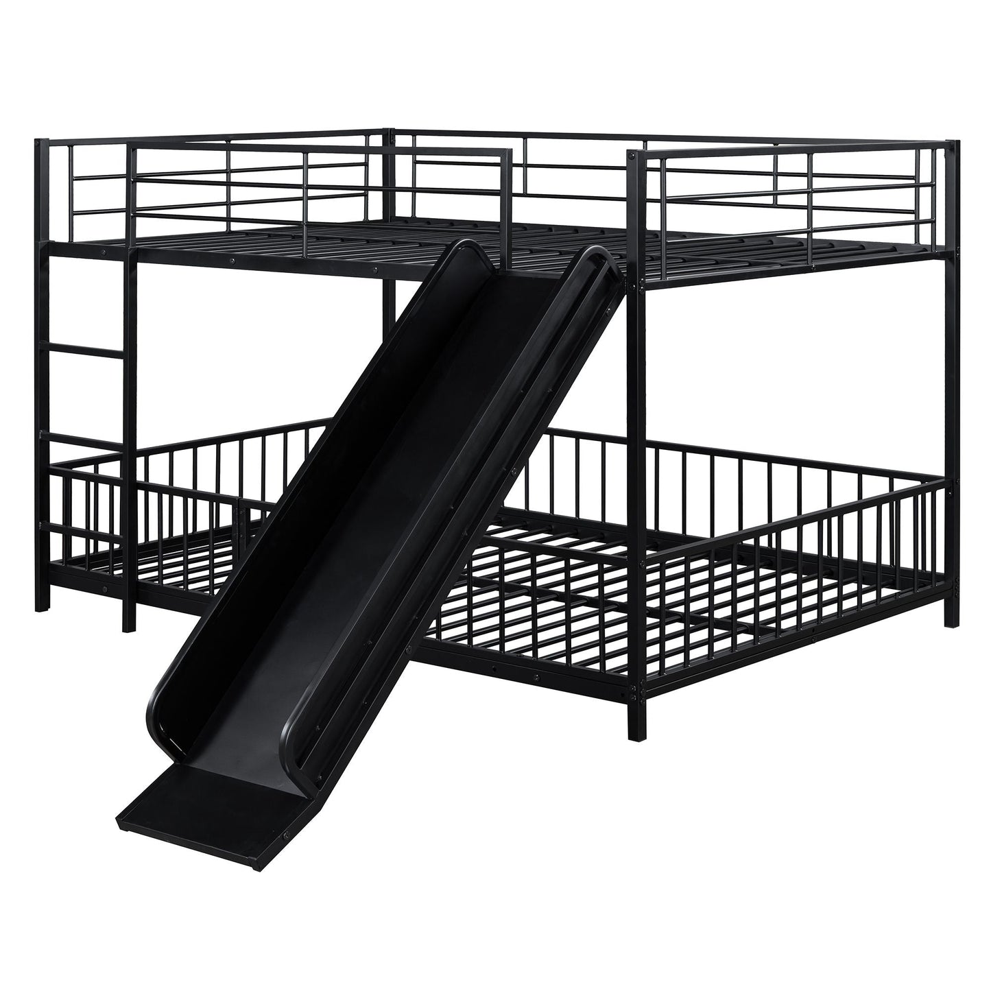 Full over Full Size Metal Bunk Bed with Slide and Guardrails,  Black