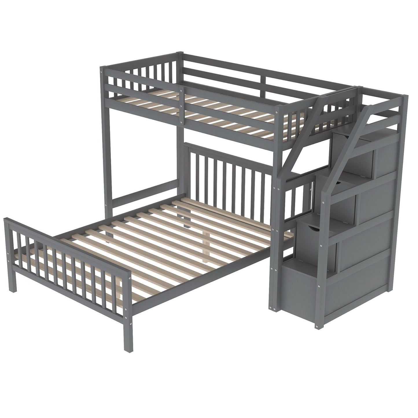 Space-Saving Twin Over Full Wood Loft Bed with Staircase, Gray | Just Better Bunk Beds