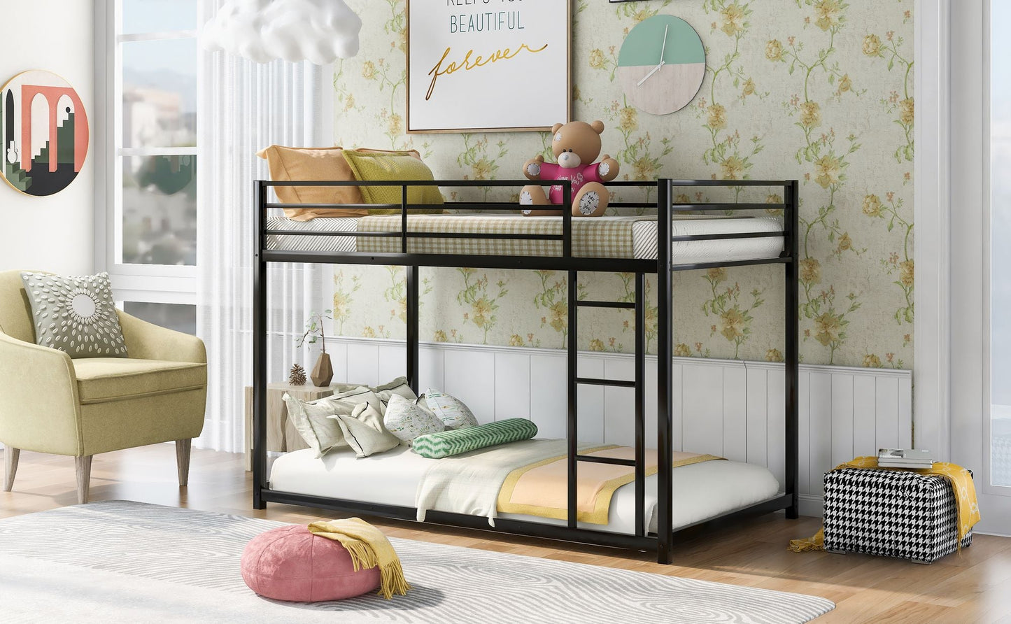 Low Profile Twin Over Twin Metal Bunk Bed with Ladder, White | Just Better Bunk Beds