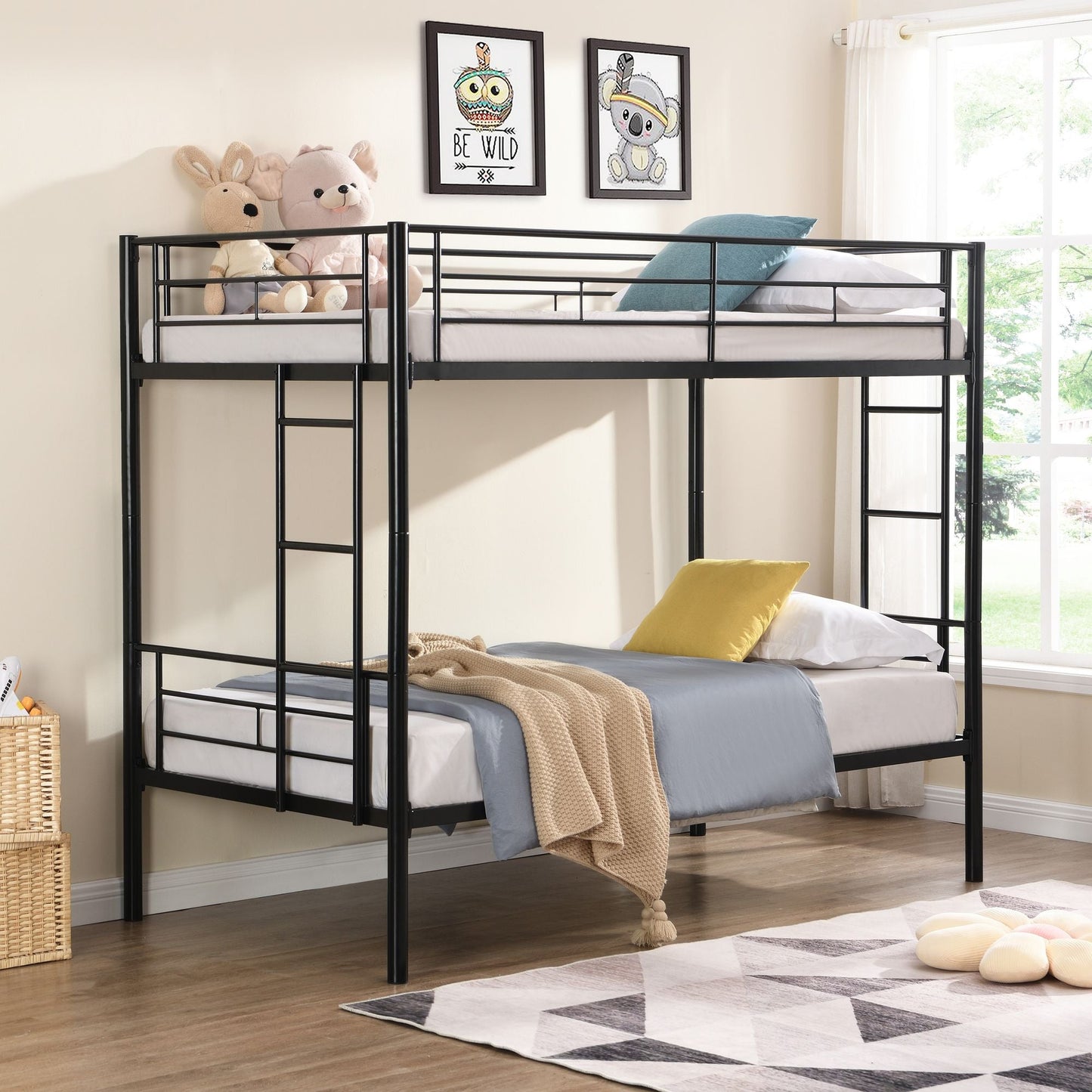 Shared Room Solution Twin Over Twin Metal Bunk Bed with 2 Ladders and Full-Length Guardrail, Black | Just Better Bunk Beds